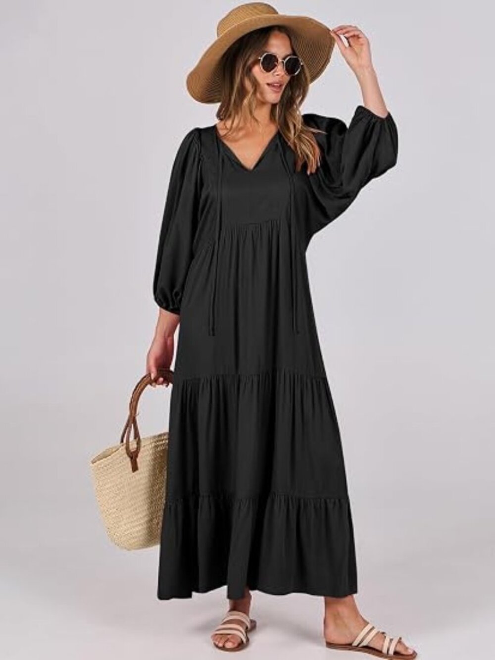 Womens Boho Floral 3/4 Puff Sleeve Maxi Dress